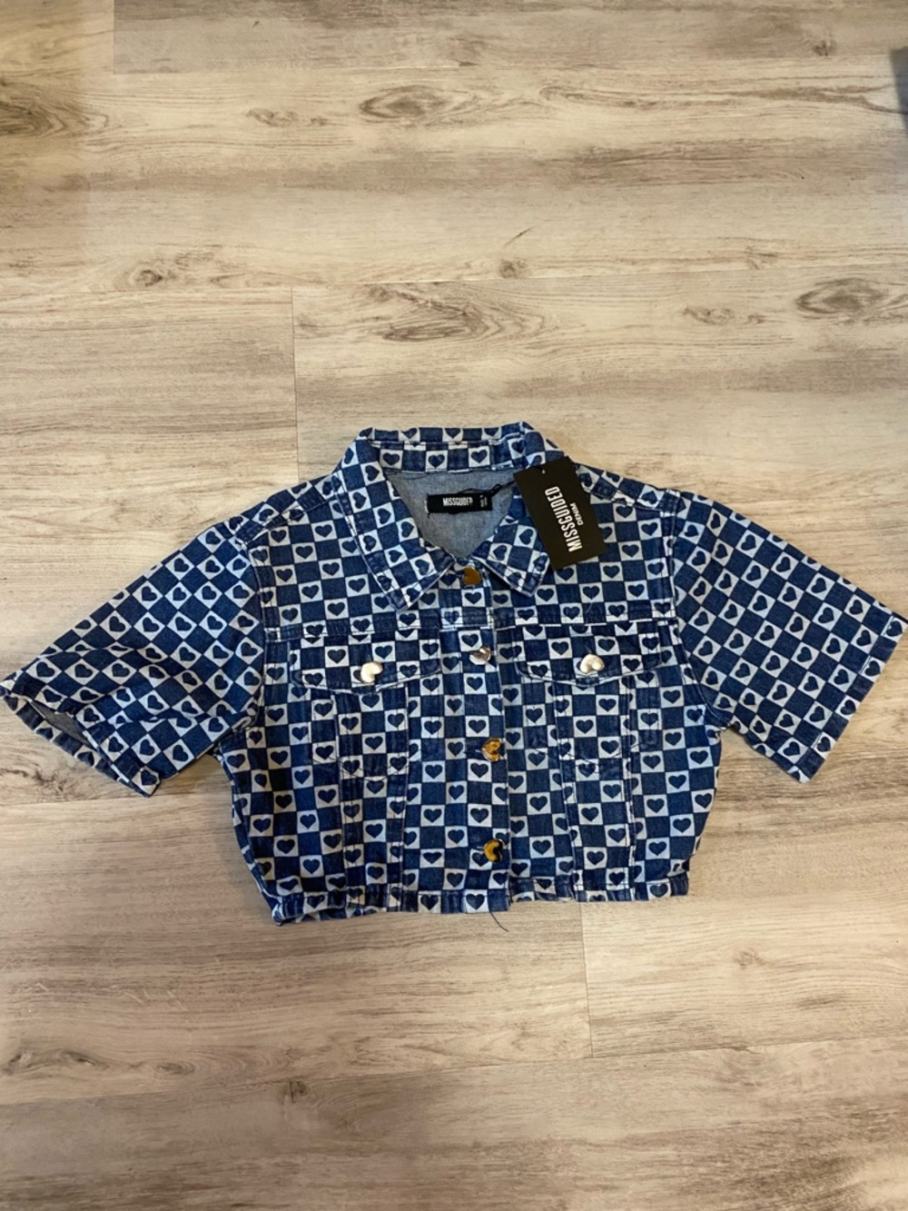 Missguided Blue Heart-Print Cropped Denim Jacket - Picture 4 of 16